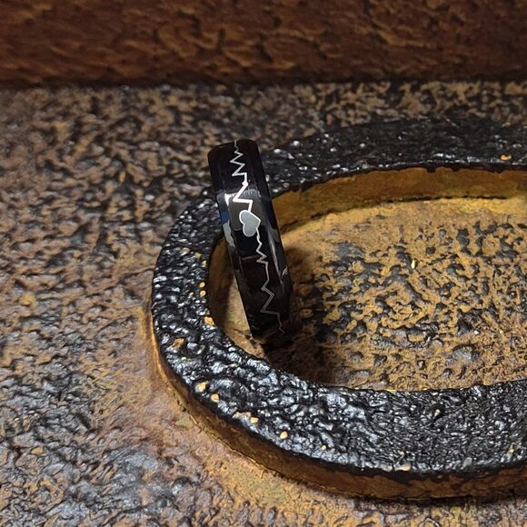 Men's Black Heartbeat Wedding Ring Band  - Heartbeat Wedding Ring For Him - Picture 4 of 7
